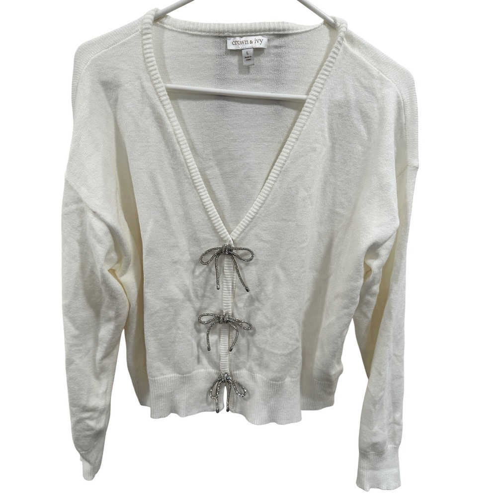 Crown Ivy Womens White V Neck‎ Embellished Bow Cardigan Sweater Size L